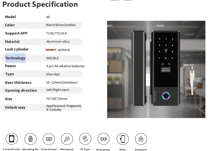 DERRURE SMART FINGERPRINT  GLASS LOCK A9